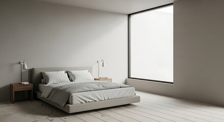 Minimalist Bedroom Interior with Large Window and Neutral Color Palette Design Ideas