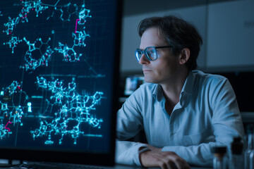 Scientist and molecular data on screen