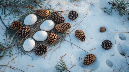 Easter Eggs and Pine Cones in Winter Snow