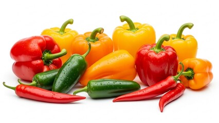 Fresh Colorful Pepper Assortment. Variety of Bell, Chili, and Jalapeño Peppers. Vibrant Peppers on a White Background