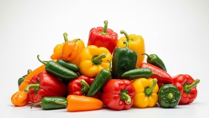 Fresh Colorful Pepper Assortment. Variety of Bell, Chili, and Jalapeño Peppers. Vibrant Peppers on a White Background