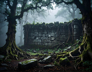 Moss-covered ancient wall in the middle of a dense forest. Calm yet eerie, echoing forgotten times and silence.