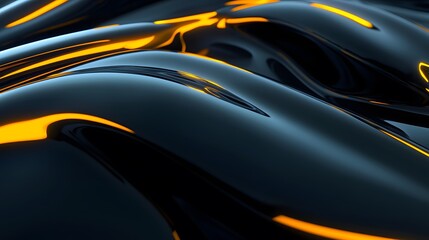 Fototapeta premium Abstract Dark Liquid Glossy Surface with Orange Neon Glowing Lines