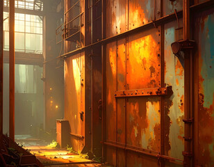 Rust-stained metal wall inside a deserted factory, showing years of corrosion, decay, and abandonment.