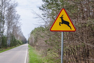 Warning sign of Deer Crossing on a road in Masovia region of Poland