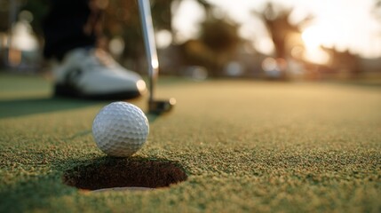 Golf ball near hole on green grass.