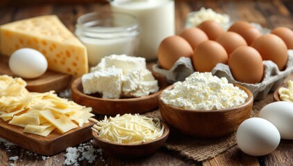 Dairy products assortment on rustic wooden table