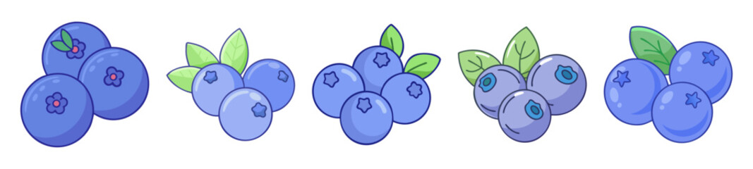 Three delicious blueberries with green leaves isolated on a clean white background