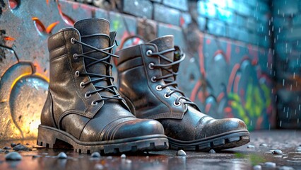 Stylish black leather boots resting on a wet urban street against a colorful graffiti backdrop during a rainy afternoon