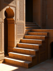intricately carved stone steps adalaj vav stepwell india bathed warm golden hour light subtle shadows