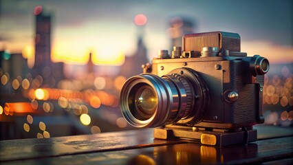 Vintage Camera with Cityscape Bokeh
