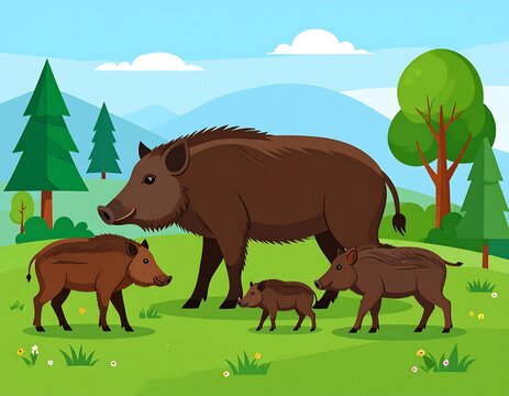 Cartoon illustration of a wild boar family in a natural green environment outdoors - Powered by Adobe