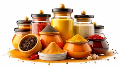 Colorful assortment of spices displayed in jars and bowls for culinary creativity and flavor enhancement