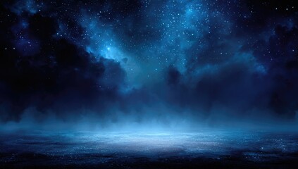 Deep blue night sky, starlit clouds, hazy ground