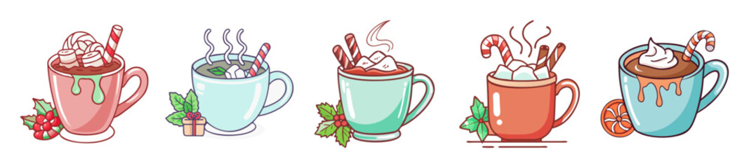 Warm Winter Cocoa and Hot Chocolate Cup Illustrations with Toppings