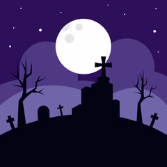 Spooky halloween cemetery under a full moon