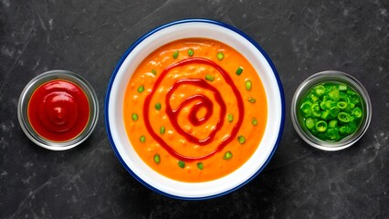 Creamy carrot soup garnished with green onions and chili sauce in a modern kitchen setting