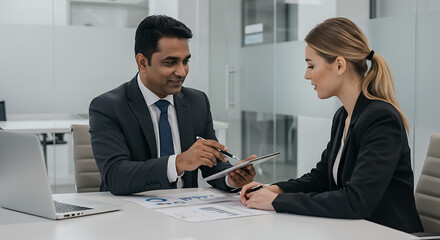 Diverse business team collaborating using tablet in modern office workspace