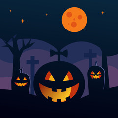 Spooky halloween night with glowing jack o lanterns and a full moon