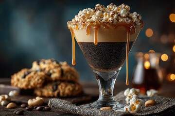 Caramel-drizzled coffee cocktail with popcorn and cookies