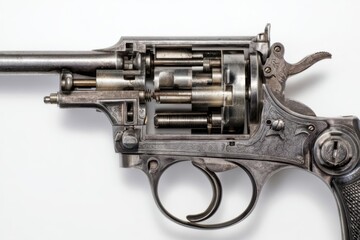 Intricate Internal Mechanics of an Antique Silver Revolver, Cutaway View on White Background