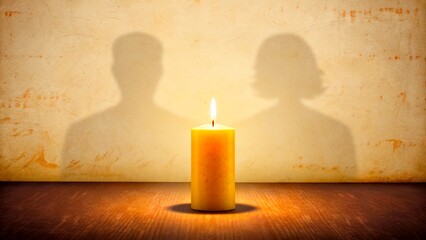 Candle casting soft shadows of two figures in a warm, cozy setting during evening hours