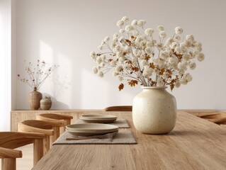 Minimalist dining room with wooden table, chairs, and dried flower arrangement in a speckled vase
