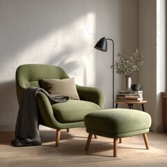 Olive green armchair and ottoman in sunlit room