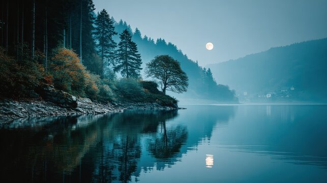 Misty lake at night under a full moon, with reflections