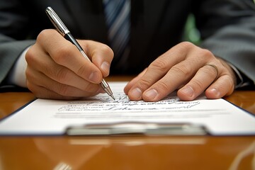 Close up of a businessman's hands signing an official document