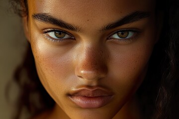 Close-up of woman with green eyes and freckled skin