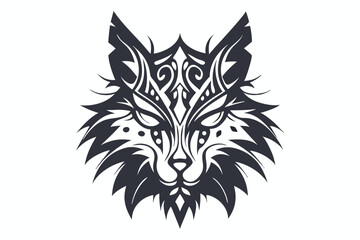Tribal stylized dark lynx head features ornate geometric and symmetrical patterns on a white background