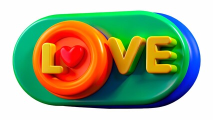 Colorful 3D representation of the word love with a heart symbol, showcasing vibrant colors and playful design for decor or art