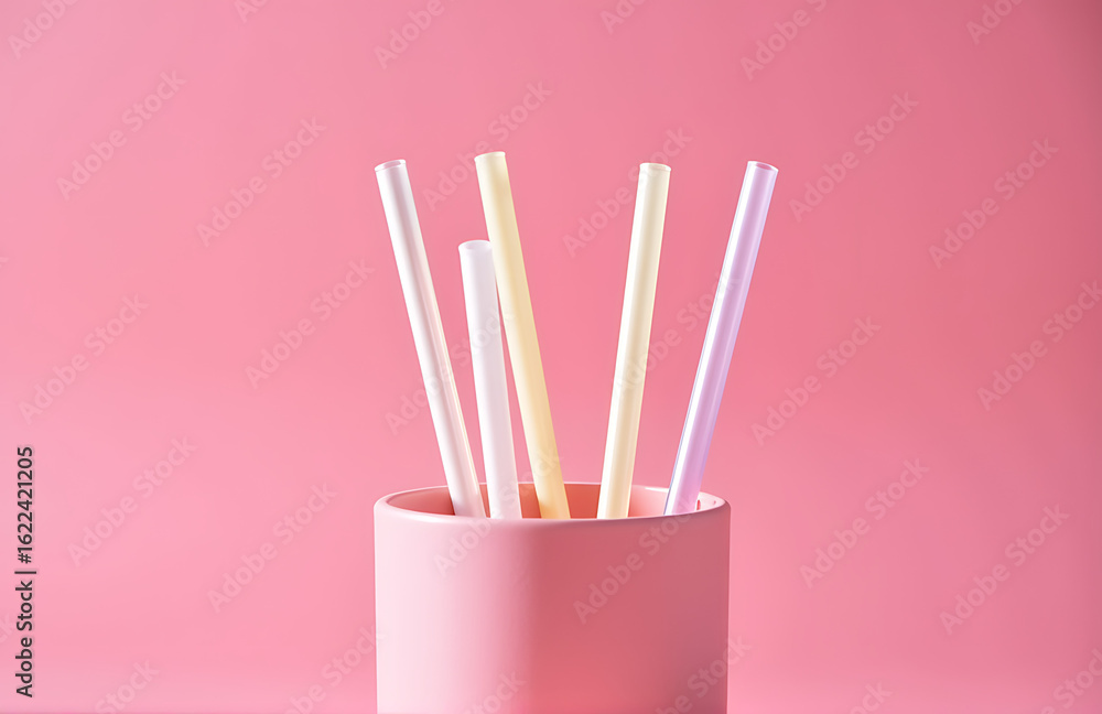 Poster set reusable straws lying nestled within compact pink container vibrant pink background illuminated 