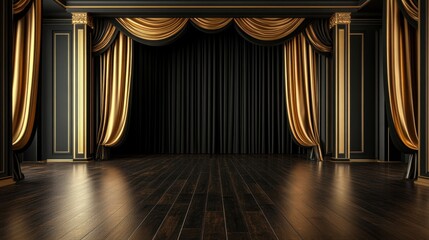 Luxurious black and gold stage curtains in a grand hall with dark wood floor.