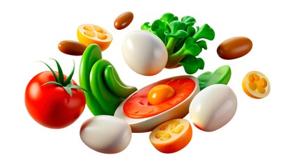 Fresh vegetables and eggs arranged artistically on a white background showcasing vibrant colors and textures