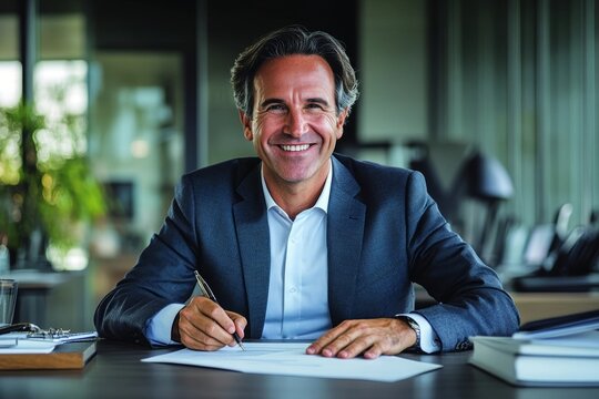 Middle-aged businessman exuding confidence as he signs legal document in well-lit office. - Powered by Adobe