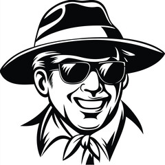 Monochrome illustration depicts a smiling man wearing fedora sunglasses and neckerchief in a bold line style