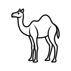 A minimalist black and white outline illustration of a camel standing profile on a white background.