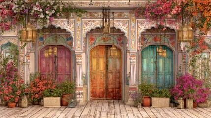 Fototapeta premium Ornate building facade with three colorful doorways and hanging lanterns, covered in vines