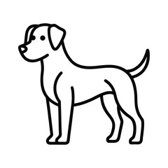 A minimalist black and white line art illustration of a dog standing on all four legs, facing left.