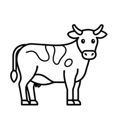 A black and white line art illustration of a cow with spots, standing and facing forward. It has horns and a tail.
