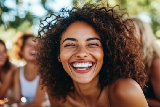 A diverse group of friends smiling, laughing, and sharing a picnic in the sunlit park. - Powered by Adobe