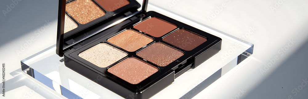 Poster gleaming open eyeshadow palette resting sleek acrylic board illuminated soft diffused light shadows