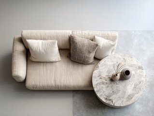 Overhead view of beige sofa and round table
