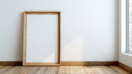 Empty wooden frame on a light-filled room