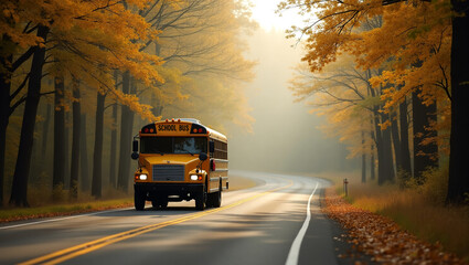 School bus on rural road with early fog and yellow leaves