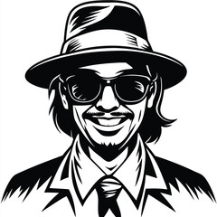 Smiling man wears sunglasses and a fedora with a tie in black and white