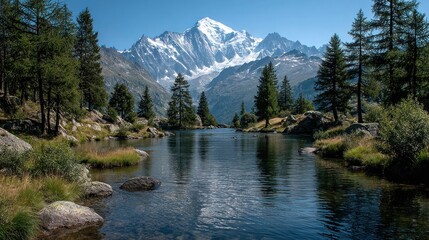 Mountain lake reflecting snow-capped peak. Lush forest surrounds tranquil water