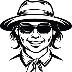 Young man wearing sunglasses and hat smiling in black and white is facing forward